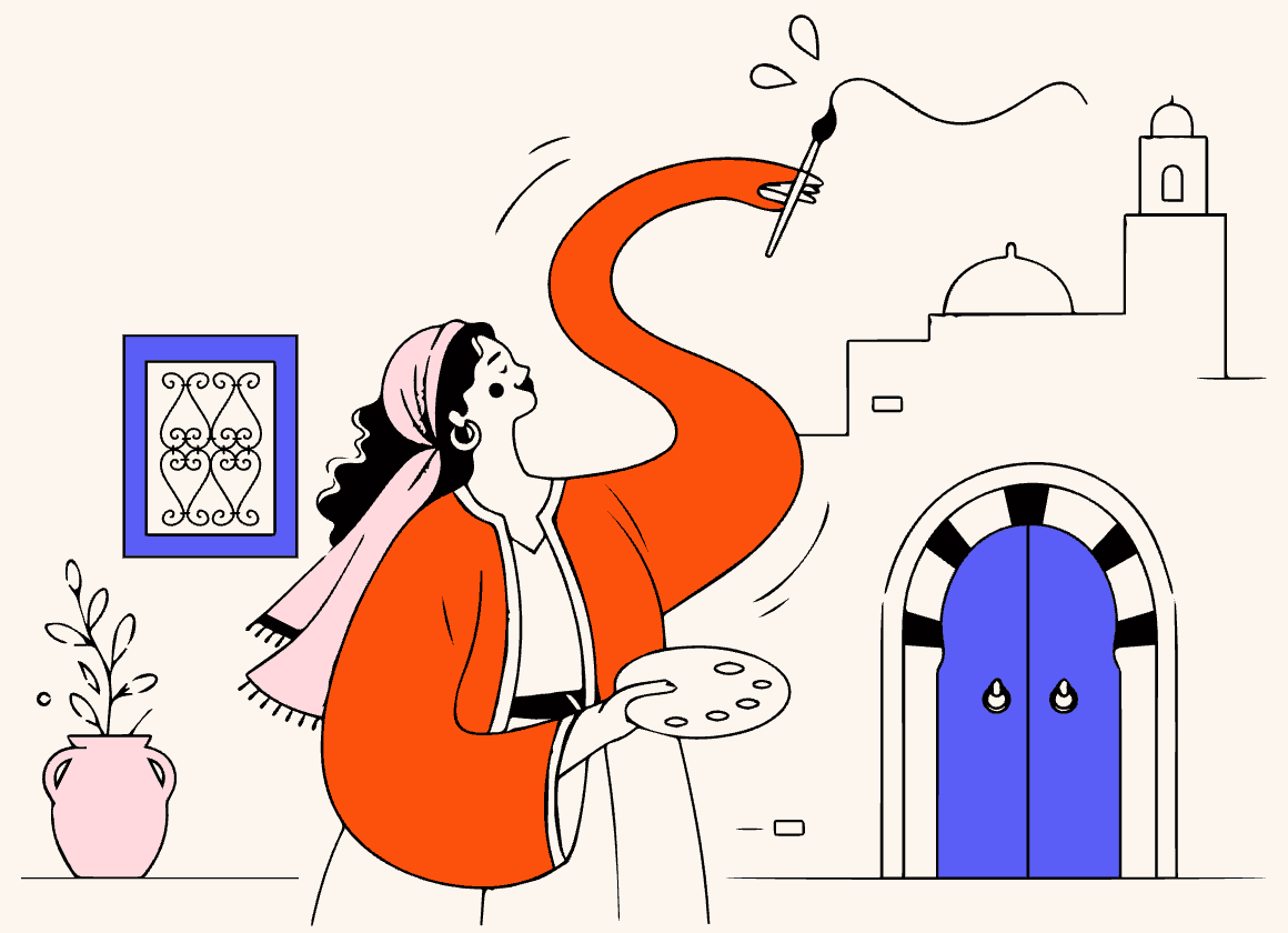 Illustration : artiste tunisienne peignant devant une porte bleue de Sidi Bou Saïd