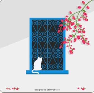 Fenêtre bleue et bougainvillier