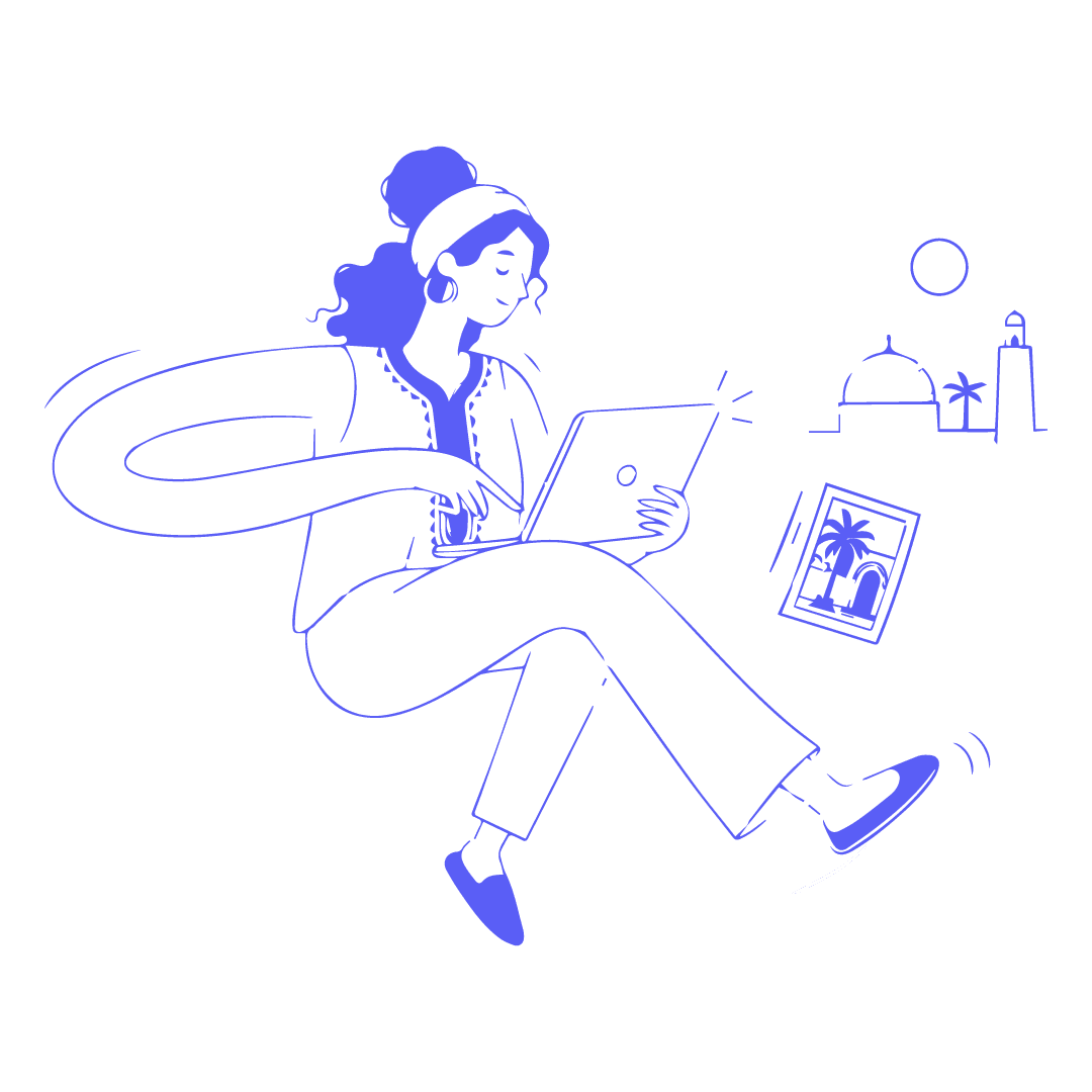 Illustration : une designer Tsiwrat avec sa tablette, son appareil photo et son ordinateur
